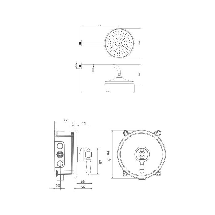  تصویر 4 ابعاد شیر حمام توکار شودر مدل زیگموند تیپ 1 - BRASS 