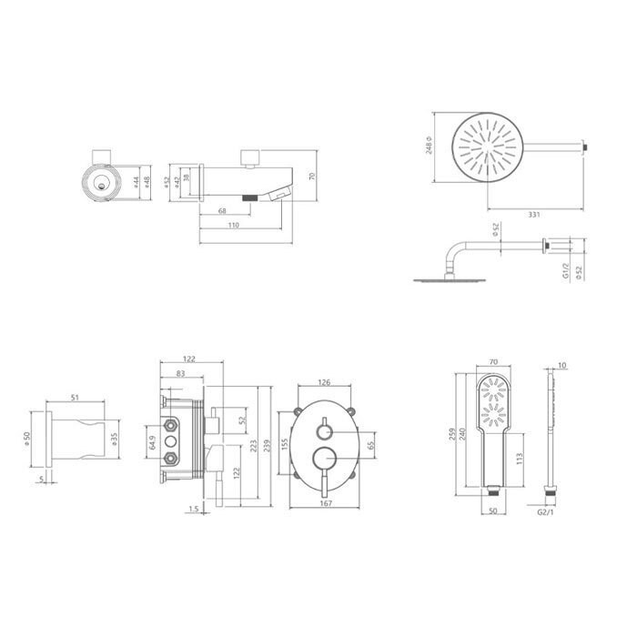  تصویر 9 ابعاد شیر حمام توکار شودر مدل روگن تیپ 4 - BRASS 