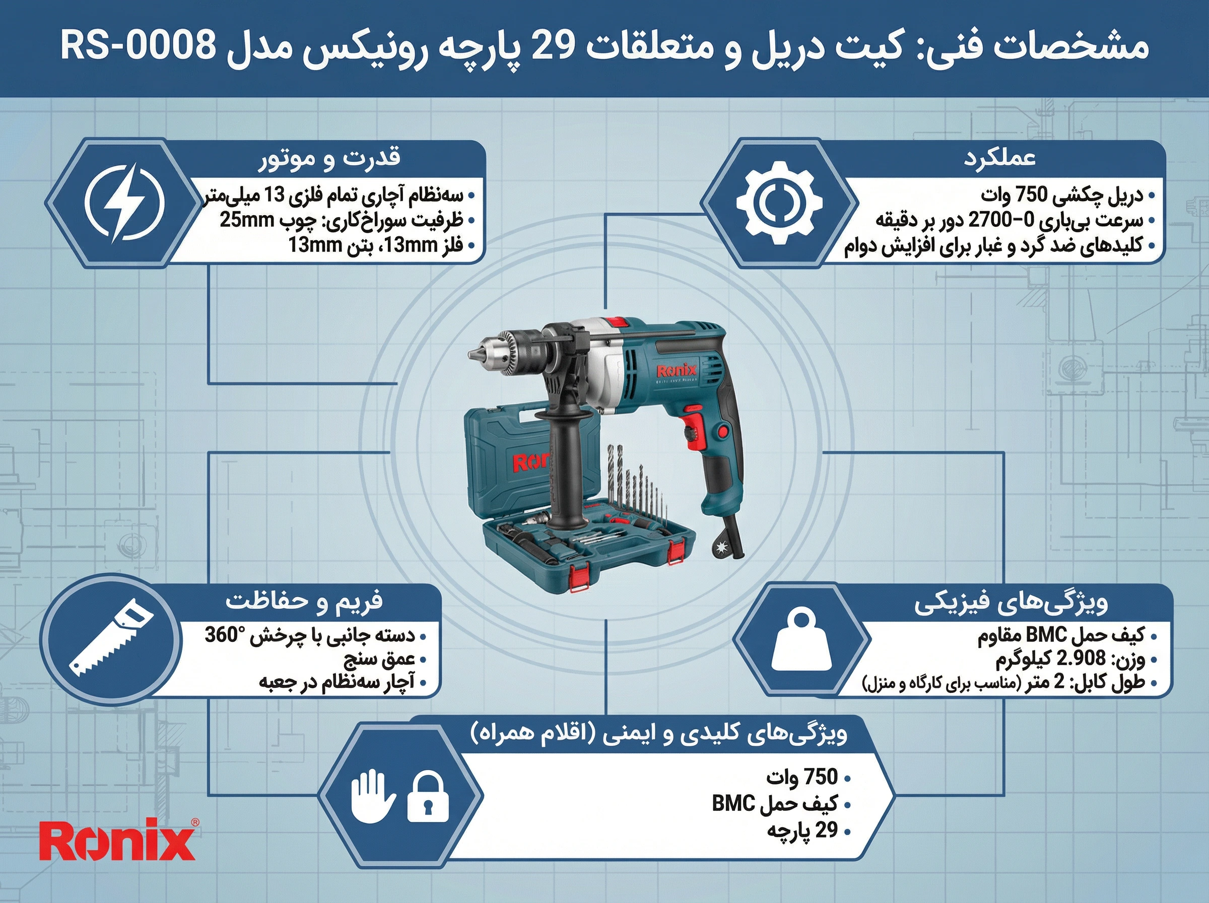 قیمت کیت دریل و متعلقات 29 پارچه رونیکس مدل RS-0008