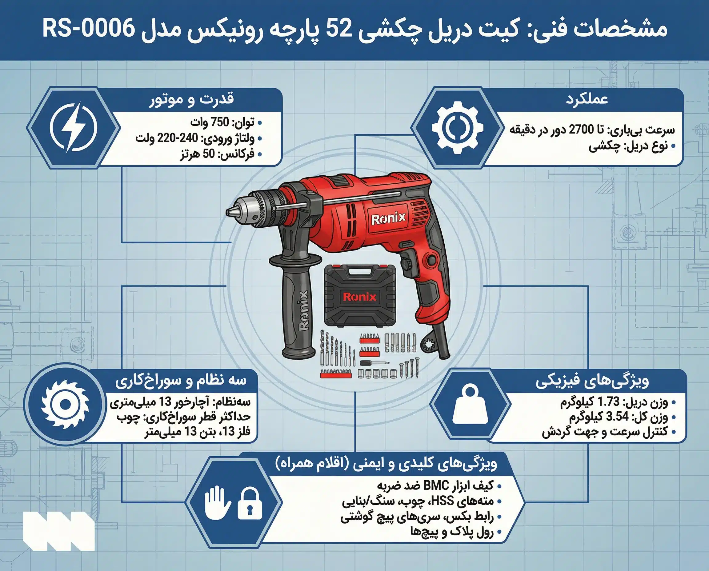 قیمت کیت دریل چکشی 52 پارچه رونیکس مدل RS-0006