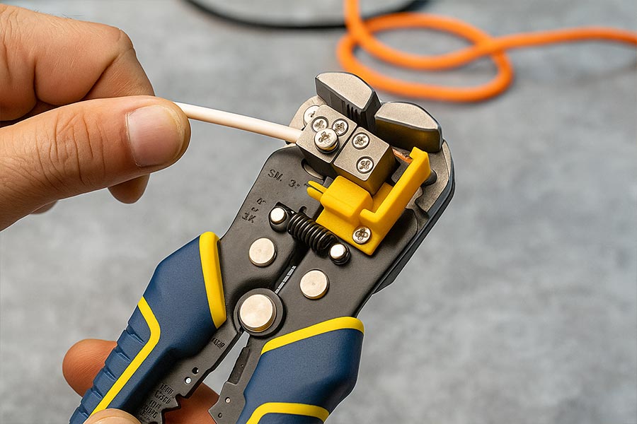 سیم لخت کن در حال جدا کردن روکش سیم برق