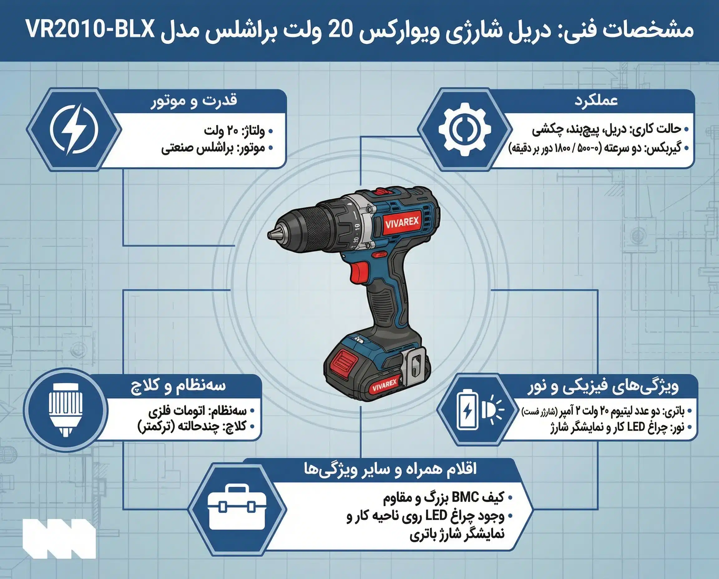 قیمت دریل شارژی ویوارکس 20 ولت براشلس مدل VR2010-BLX