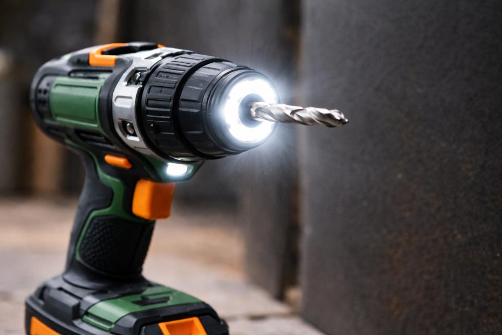 دریل شارژی با چراغ led که کنار مته قرار گفته است
