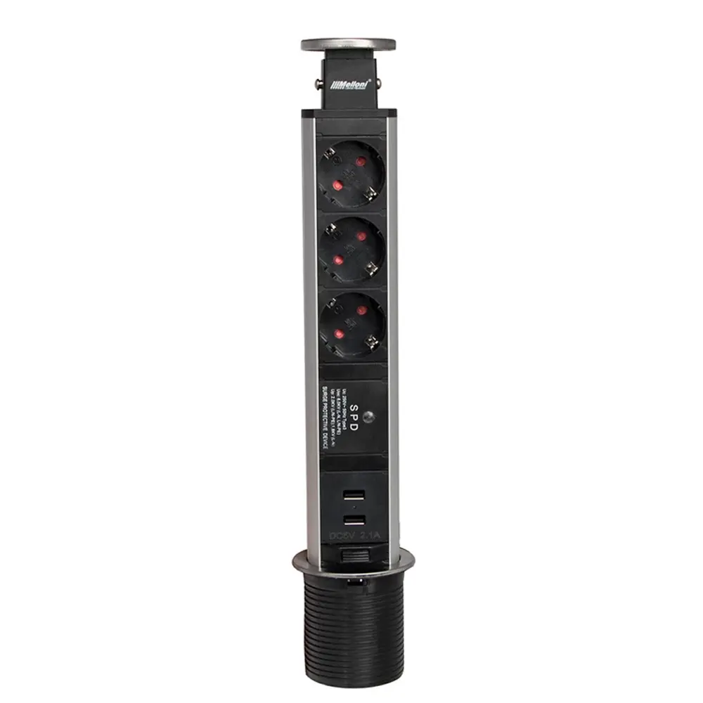 پریز کابینتی توکار استیل آسانسوری 3 پریز برق و 2 پورت USB Type-A و Type-C ملونی مدل 10006