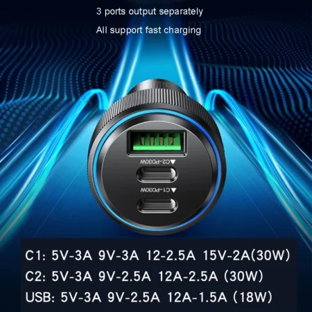 شارژر فندکی 60 وات یسیدو مدل Y50 پورت Type-C و USB-A